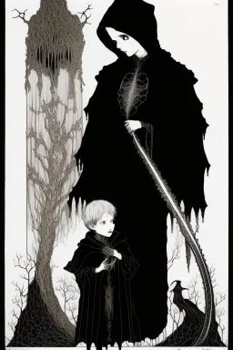 7 year old boy, necromancer, friendly, looks dead,with a long lamprey emerging from his belly , wearing black robes, in the style of Harry Clarke