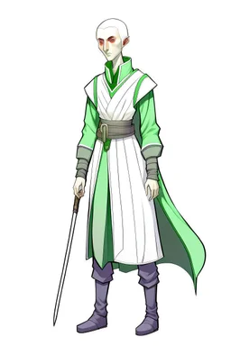 full length colour drawing, portrait, 22-year old friendly female human cleric, shaved head, light eyebrows, grey eyes, wearing white (10%) and dark green (80%)