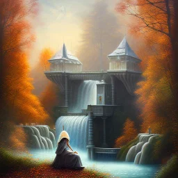 spray painted fantasy art, photorealism, book illustration,upper body of a realistic high priestess with white furniture by a dam ,autumn water, evening