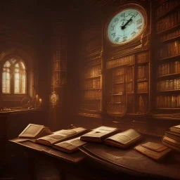 dark fantasy concept art, dynamic lighting, hyperdetailed, intricately detailed, Splash screen art, deep color, Unreal Engine, volumetric lighting, fantasy library artwork, indoors, cozy, leather, wood, clock, library, books,