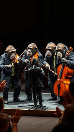 Four chimpanzees musicians wearing Papillons and suits four are playing violins and the one is a playing. Cello each one is looking to a notes stands on a stage, donkey wearing suit standing in front of mic singing in front of them , 4k , high quality picture, many audience are watching and clapping hands