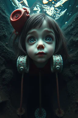 Closeup Girl with big eyes, fullbody, dieselpunk, valves rising from the ground, the perspective looking up from the bottom of an empty well , Underwater 8k, macro photography by <John Kenn Mortensen>, darkred tones,