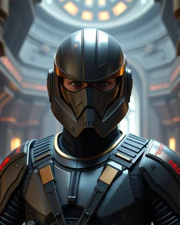 star wars bald male corellian pilot wearing pearlescent black and gunmetal grey First Order special forces heavy assault stealth commando armor and helmet with gold and metallic red trim inside the jedi temple, hyperdetailed, dynamic lighting, hyperdetailed background, 8k resolution, volumetric lighting, light skin, fully symmetric details