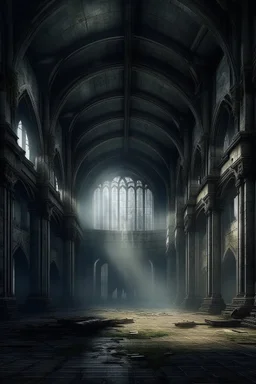 dark fantasy art of a medieval abandoned hall