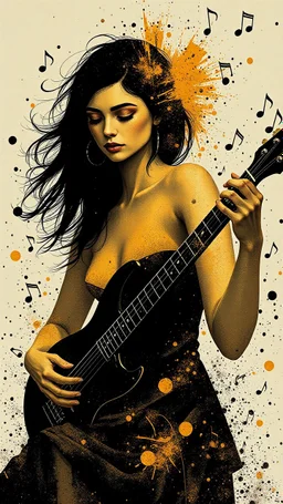 minimalism,Abstract black and gold minimalism geometric surreal beautiful fashion portrait playing the guitar ,splash art explosion,minimalist surreal surrounding music notes background,surreal lonely depth,deep soul spirit,fantasy surreal geometry,flat,utopia,album art,cover art,album cover,cinematic,8k,epic movie still,sharp focus,by Gustav Klimt,pascal blanche,rutkowski,repin,artstation hyperrealism painting concept art of detailed character,design matte painting,leaf, Busch painting style