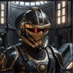 star wars bald male corellian pilot wearing pearlescent black and gunmetal grey First Order special forces heavy assault stealth commando armor and helmet with gold trim inside the jedi temple, hyperdetailed, dynamic lighting, hyperdetailed background, 8k resolution, volumetric lighting, light skin, fully symmetric details