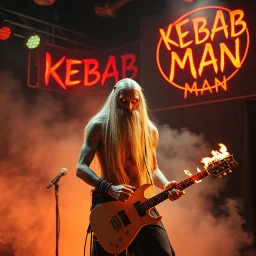 a very thin swedish viking man, evil with very long blonde hair (2 meter), (fat glowing eyes), he is called "KEBAB MAN" performing at death metal club, his name is "KEBAB MAN" kebab rolls On stage, kebab Neon lights and smog, and "KEBAB MAN" big sign on the wall, kebab tribal tattooes, spinning kebab machines, flames and smoke, chaos, he using gasolin and pour it on the guitar on the stage