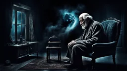 Melancholy theme picture. sometimes tha man at night stares out into the cold space, and something hurts the heart, something big thing miss. old man sitting in old armchair at home and looks into nothingness, melancholic mood, meaning of life, nebula, detailed, gloomy, and surreal vibe. dark colors, cinematic