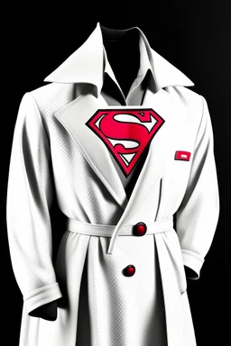 Men's Superman's Gucci Winter Trenchcoat elegant inspired by Superman's Big emblem design white tones with dual color on a white background, product catalog photography, soft spot lighting, depth of field, 4k –ar 3:5 –q 2