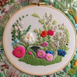 exquisite whimsical garden in embroidery hoop, intricate, highly detailed, linen and wood backdrop