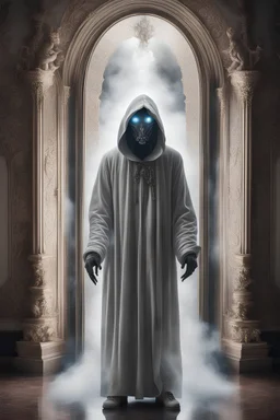 insanely detailed photo of hooded figure with glowing eyes stepping out of a large ornate mirror with lots of white smoke and haze