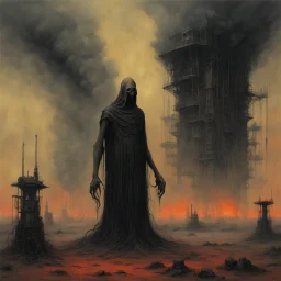 Reaper on the oilfields, mirage in black smoke tarnished with blood, Idols of steam and gods of steel. by Zdzislaw beksinski, western American horror,