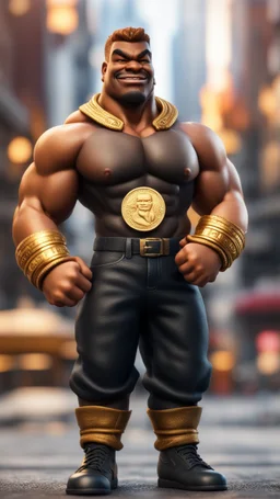 black hunk Abobo from double dragon holding up a dog sized golden coin with a print of himself ,bokeh like f/0.8, tilt-shift lens 8k, high detail, smooth render, down-light, unreal engine, prize winning