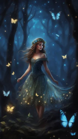 Painting of a beautiful girl, beautiful, pretty face, young girl, fantasy art, dream, trees, forest, dark night, song, glitter butterflies, fantasy