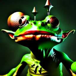 photorealstic, a goblin with a frog head, holding a club