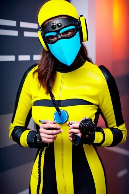 Adaptive photograph. Geometric 3D tiling on the background. Lightly armored, electronic circuit. Cyber-punk full-mask. woman. The mask covers the face fully. Bronze color Yellow Black Cyan. AKG headphones, golden rings & disc. Selfie both hands. Thick tights. Thick calves. Curved fell. Wide hip. Flat belly. Ancient artifact, cables. Perfect, Tron Movie. Lay figure. Haute Couture 1990's. Light from right