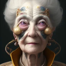 old lady character, ominous, facepaint, waist up portrait, intricate, oil on canvas, masterpiece, expert, insanely detailed, 4k resolution, retroanime style, cute big circular reflective eyes, cinematic smooth, intricate detail , soft smooth lighting, soft pastel colors, painted Renaissance style