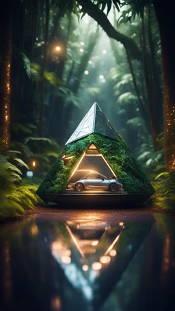 a car shaped like a tetrahedron without a top in dark lit reflective wet jungle metallic hall dome hotel tunnel, in the style of a game,bokeh like f/0.8, tilt-shift lens 8k, high detail, smooth render, down-light, unreal engine, prize winning