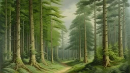 A greenish gray forest with evergreen trees painted by Henry-Robert Brésil