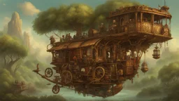 steampunk gipsy caravan crossed with a boat flying high over a jungle with platforms, verandas, and people, intricate