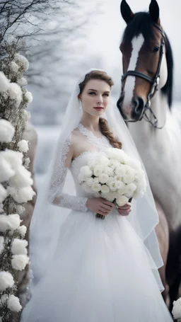 Snowman in a field of white roses and snow . wearing a bride lace veil.Horses in the background.blur background.cinematic photo.dark mood