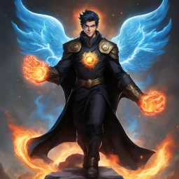 A 25 years boy persian in matte black robes with flaming eyes with grin with flaming light blue pupils stands atop a squire Two infinity gauntlets contain six infinity stones, one of which is made with nano In the hands of a powerful man walking While standing on a majestic height from afar With two big wings