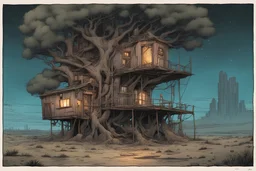 night, one tree house in the middle of the image, bared land, post-apocalypse, front view, comic book, cartoon,,