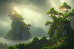 epic matte painting of misty tropical jungle island on stormy ocean, very lush, vines, realistic shaded volumetric lighting, volumetric clouds, ecosystem, ancient, reflective water, intricate, fires, volumetric waves, smoke, randomly placed ground fog, spume, small minutiae, detailed roots, spindrift, tiny features, flowers, ripples, particulars, sharp lines, digital art, 8k, uhd, wideangle perspective ground level camera view, ambient occlusion, sunlight caustics, colorful, design by sam curry