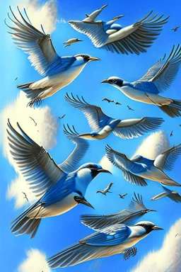 realistic drawing of detailed birds in the blue sky.