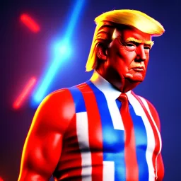 Realistic image of Donald trump super hero, retro style, watchmen style, red and blue colors, white stars, suspenders, latex material, 80s, vibrant color, highly detailed, sky background, concept art, unreal engine 5, god rays, ray tracing, RTX, lumen lighting, ultra detail, volumetric lighting, 3d, finely drawn, high definition, high resolution.