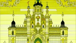 A pale greenish yellow castle with bows and arrows designed in ancient Egyptian hieroglyphics painted by Gustav Klimt