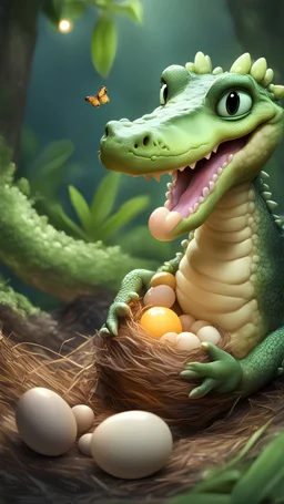 Kawaii, Cartoon, Cute crocodile eating its eggs in the nest , Caricature, Realism, Beautiful, Delicate Shades, Lights, Intricate, CGI, Botanical Art, Animal Art, Art Decoration, Realism, 4K , Detailed drawing, Depth of field, Digital painting, Computer graphics, Raw photo, HDR