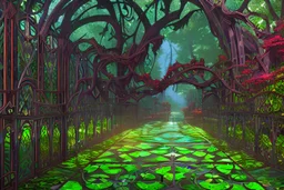 open iron gates made of colorful stained glass, covered in vines, trees, very large entry leading to a lush garden, see lot details in the garden, photo realistic 4k, nature, beautiful hand laid checkered pattern stone walkway path, trending on artstation, sharp focus, studio photo, intricate details, highly detailed, by greg rutkowski