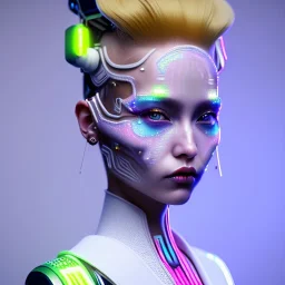 Cyber teenager, color makeup, yellow hair, rounded face, geisha style hair, white skin, pattern dress, velvet, vibrant color, cyberpunk style, highly detailed, art stations, concept art, smooth, unreal engine 5, god rays, ray tracing, RTX, lumen lighting, ultra detail, volumetric lighting, 3d, finely drawn, high definition, high resolution, gradient background