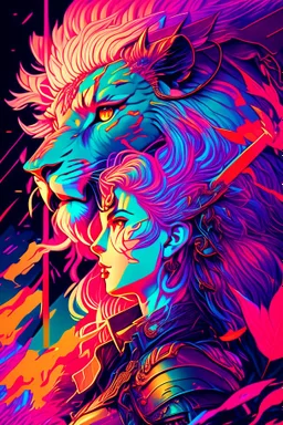 A dragon mixed with a mythical lion and a human female elf.Dramatic and powerful look and feel. Extensive attention to details. Bold lines. Vivid colors. 80s style retro anime art. Double exposure. cartoon style.