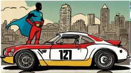 "I'm envisioning an electrifying poster for '<Achayo> Vintage Rally Racing: Unleash the Superhero Speed.' The backdrop should showcase an Ethiopian cityscape, setting the stage for an urban vintage rally. In the foreground, a stylish vintage rally car stands ready, capturing the charm of the past. Standing next to the car is an Ethiopian superhero, ready to unleash super speed, with dynamic poses that convey power and excitement. Use earthy tones for the city background, vibrant colors for the r