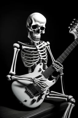 Skeleton Hugging a Guitar, Black and White art