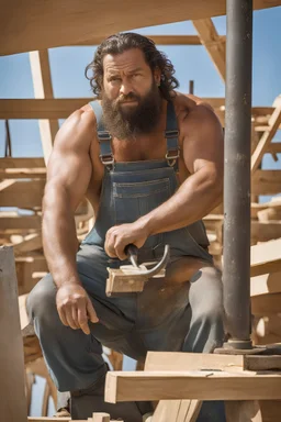 half figure shot photography of an ugly 40 year old stocky big chubby robust burly atab carpenter working on the roof, dirty, wet, wearing bulging overalls, shirtless, hairy chest, serious, very virile, long beard, curly hair,, , in a sunny construction work area, photorealistic , photorealistic