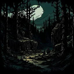 deep forest landscape drawn in the art style of Darkest Dungeon