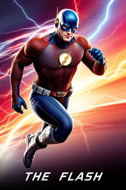 1/4 side view, looking at the viewer, Movie Poster - "THE FLASH" - A massive, thick, extremely muscular, 7'8" tall man, ((skintight, formfitting, textured, long-sleeved, Blue spandex bodysuit:1.5)), ((Silver knee-high boots:1.5)), ((Silver wrist gauntlets, blue fingerless gloves, silver, double holstered utility belt:1.5)), ((skintight, formfitting, textured, blue spandex helmet with blue eye disguise,:1.5)), Running, multicolored lightning emanating from his body,