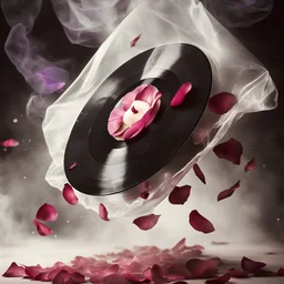 in noir style an old vinyl record wrapped in cellophane with purple rose petals falling from above