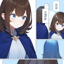 Clear focus, High resolution, A anime kid, cute, rough line skecth, star around kid, sparkling eyes, medium fluffy brown hair, blue sparkling eyes, 1girl (solo), wearing a blue snow cloak and a white shirt, comic with 1girl (solo), winter background, ((dialoge)) Black and white colors