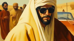 takistan life, oil painting. dr arab cover 1970, closeup dnd style. sunglasses, cape. lawrence of arabia. car race drag.