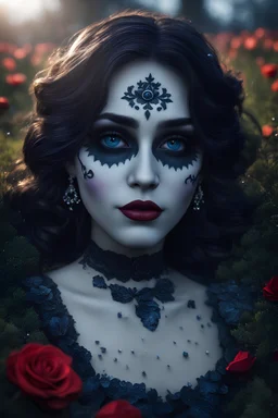 ambient Realistic but stylized adult 1girl, Pixar 'calavera Día de los Muertos girl' lying in a grave yard, rose petals, dew drops, ambient, lighting, best quality, depth of field, Tim Burton style face, augmented horror reality, highly-detailed, blue eyes, lips, Victoria Frances features, Fujifilm XT3, outdoors, nightmare, glossy wet look, scary, Beautiful lighting, RAW photo, 8k UHD, film grain