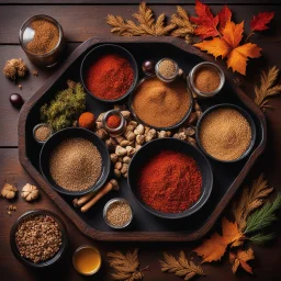 top-down photograph of a gourmet spice kit, jars and vials with cork stoppers in a beautiful ornate lacquered wooden multi-sectional container, stunning advertising photograph, cinematic lighting, moody atmosphere, ornamental stones and wooden knick-knacks, autumn atmosphere, wiccan, oak leaves, wheat stem