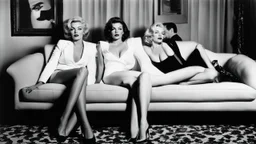 [photo by Helmut Newton (1965)] three women: Marilyn Monroe on a sofa with two friends, a brunette on her left, a redhead on her right