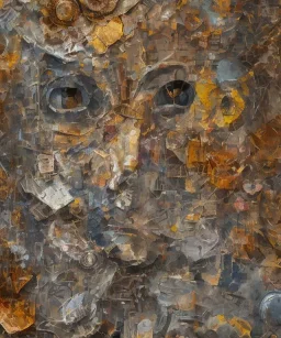  an abstract painting of rusted metal and flowers, african portrait, rust, scaffolding, iron cladding, decay, mixed media, textured, anatomically correct, beautiful perfect face, sharp focus, highly detailed, injured face