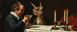 close up portrait painted by Rembrandt, stupid looking dragon holding speech at dinner table