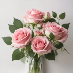 A bouquet of pink roses with delicate green on a light background