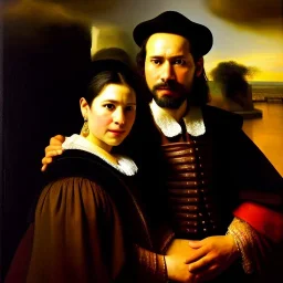 portrait of Jacobo Santiago Mozos born in 1976 and Gemma Arnau Arnau born in 1979,by Rembrandt, oil on canvas, cinematic composition, extreme detail,8k,fit full head inside picture